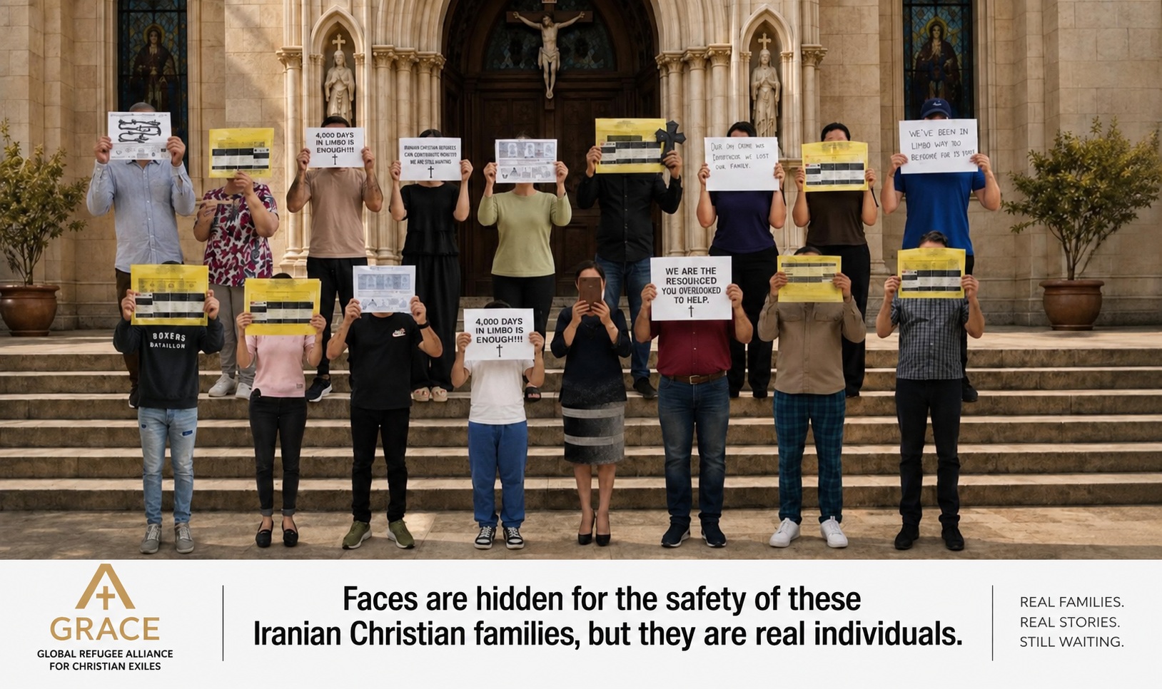 Iranian Christian refugee families standing together with their faces and identifying details hidden for safety